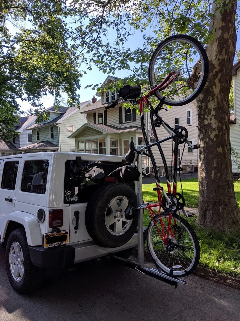 One Tandem Vertical Hitch Rack,: PLEASE NOTE: If your trike or bike has 4" fat or balloon tires, go to the Accessories tab and order the number of Fat Wheel Trays. 3" tires or below do not need Fat Wheel Trays.
